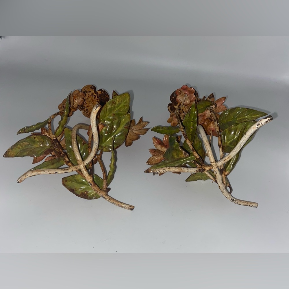 Vintage Tole Patina Floral Candle Holders - Picture 8 of 9